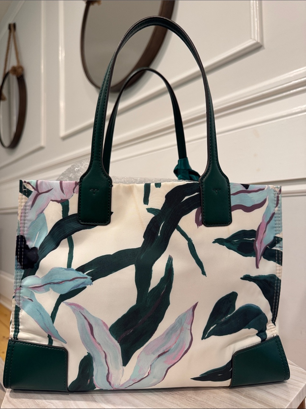 Tory Burch Bag Small Ella Limited Edition Floral Tote with Green Leather Trim - Picture 8 of 17